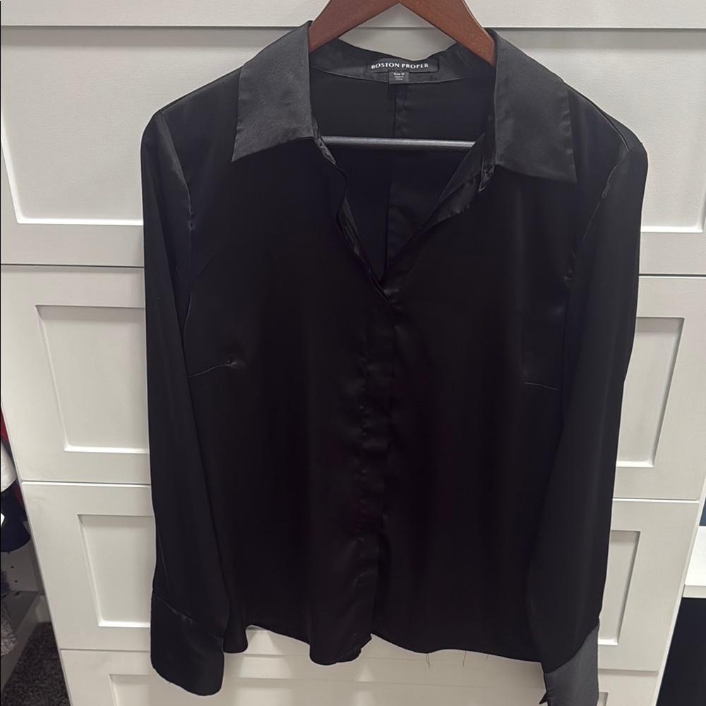 Boston Proper Satin Black Button-Up Shirt